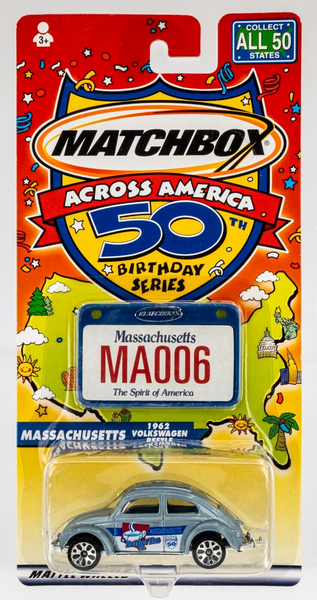 2002 Matchbox Across America 1962 Volkswagen Beetle BLUE | MASSACHUSETTS | FSC