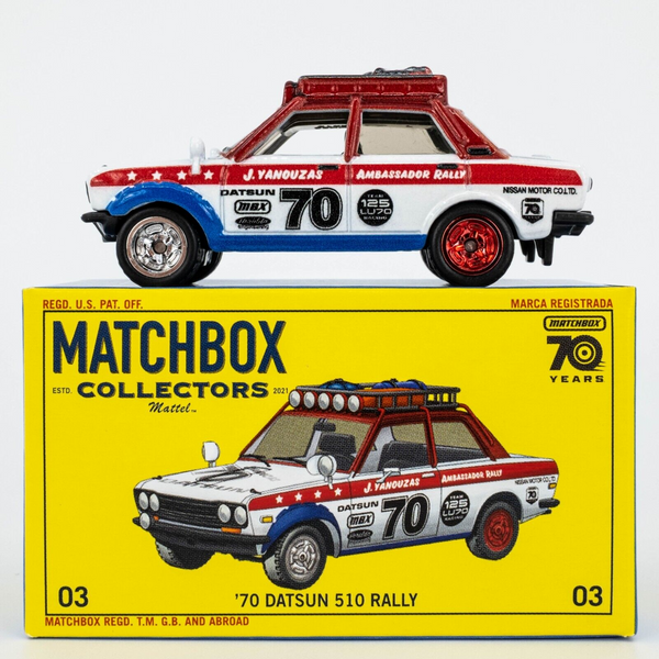 2023 Matchbox Collectors #03 '70 Datsun 510 Rally WHITE | RED | BLUE | BOXED