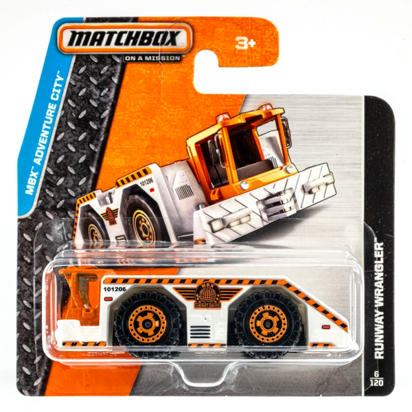 2015 Matchbox #6 Runway Wrangler WHITE | ORANGE | RINGED GEAR WHEEL | SHORT CARD