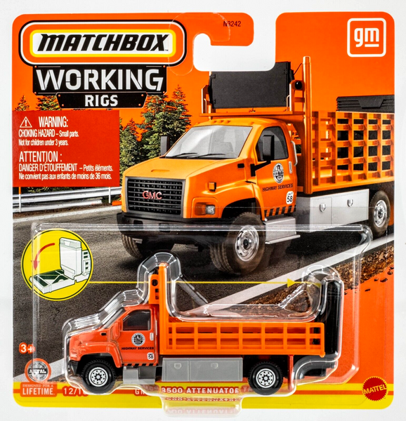 2024 Matchbox Working Rigs #12 GMC 3500 Attenuator NEW RICH ORANGE SHADE ON CAB